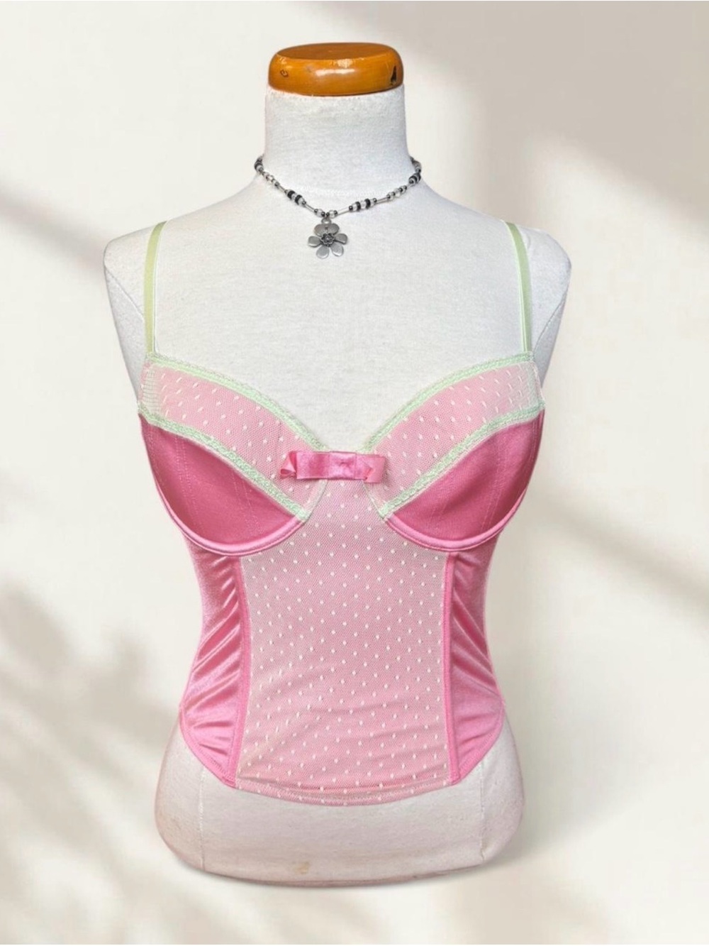 Pink Satin & Mesh Longline Bra with Mint Trim